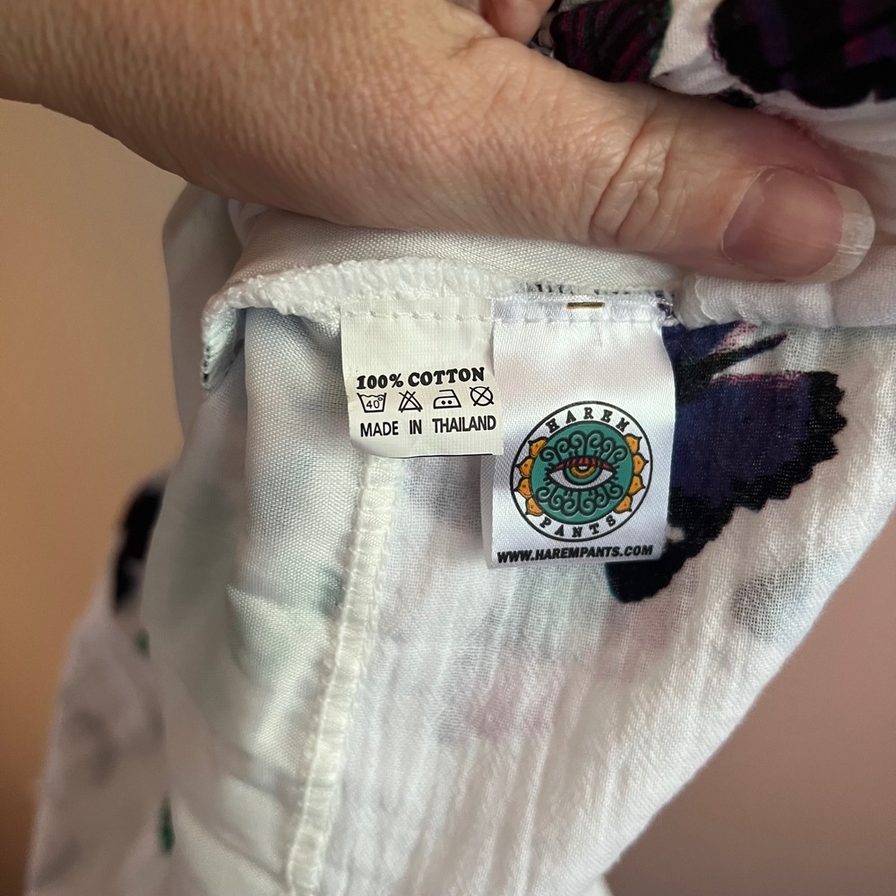 Harem Pants White Cotton Butterfly Allover Print Wide Leg Ruched Boho Pull On - Picture 7 of 8
